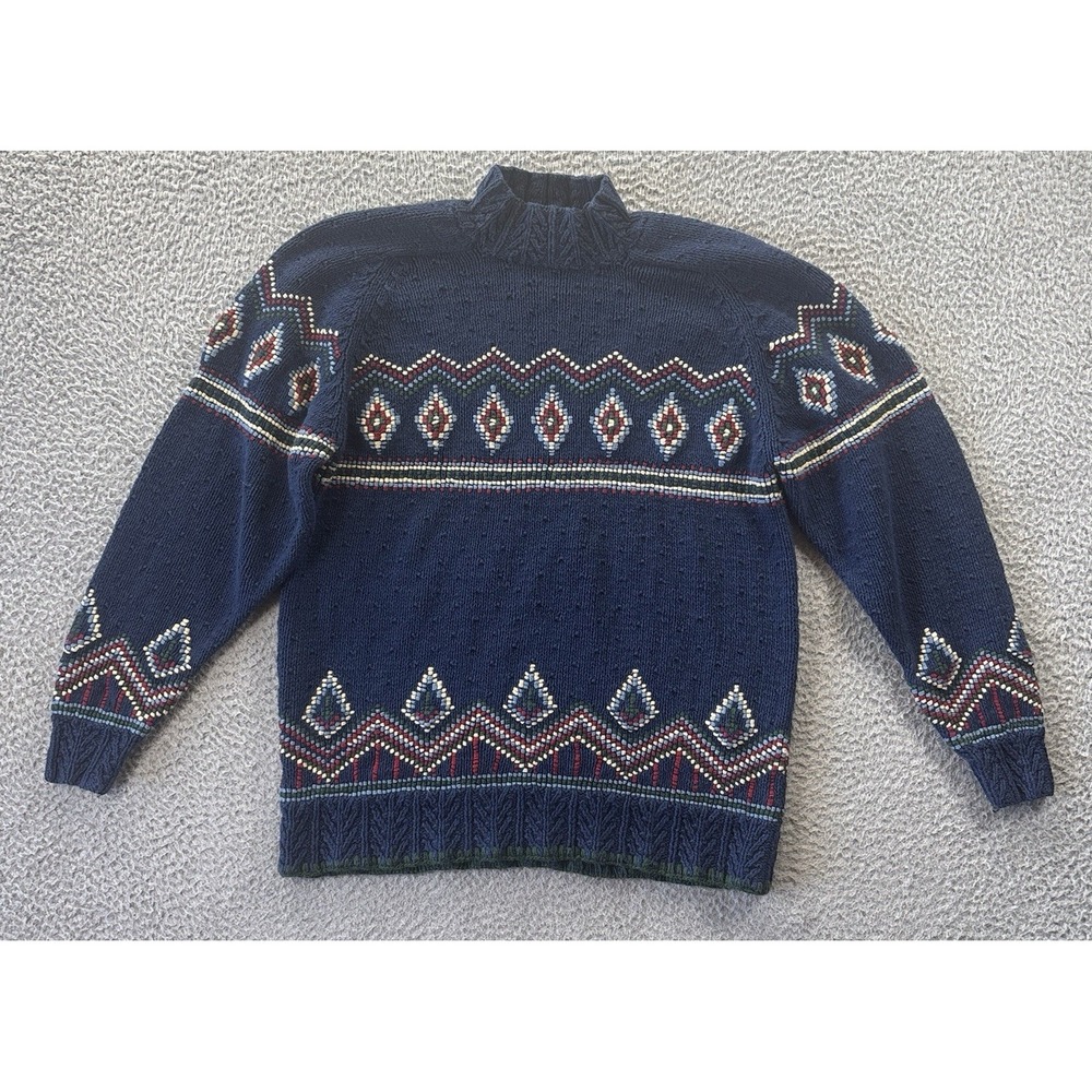 Vintage Liz Wear Sweater Womens Medium Aztec Blue Linen Blend Knit Mock Neck